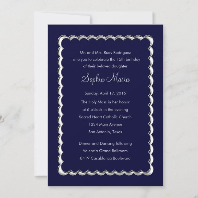 Quinceanera Scallop Change Navy Blue to Any Colour Invitation (Front)