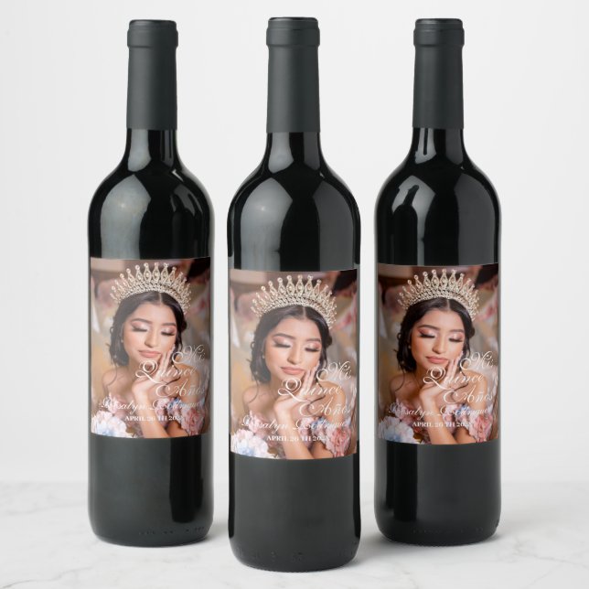Quinceanera script photo 15th Birthday Wine Label (Bottles)