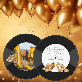 Quinceañera Shoes Vinyl Record Photo Golden Invitation