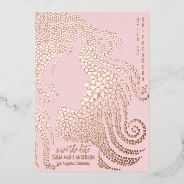 Quinceañera Silhouette Rose Gold Hearts Save Date (Front)