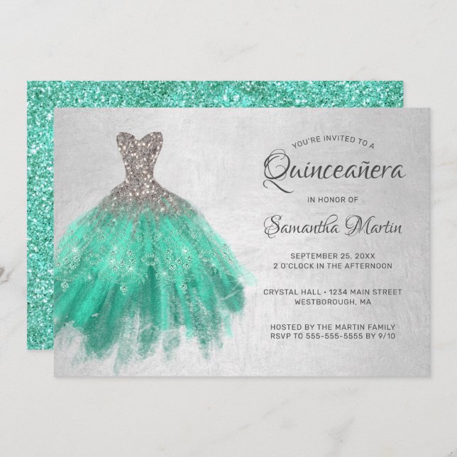 Quinceanera Silver Aqua Dress on Silver Teal Party Invitation (Front/Back)