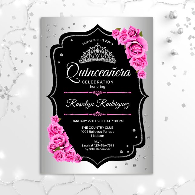 Quinceanera - Silver Black Pink Invitation (Creator Uploaded)