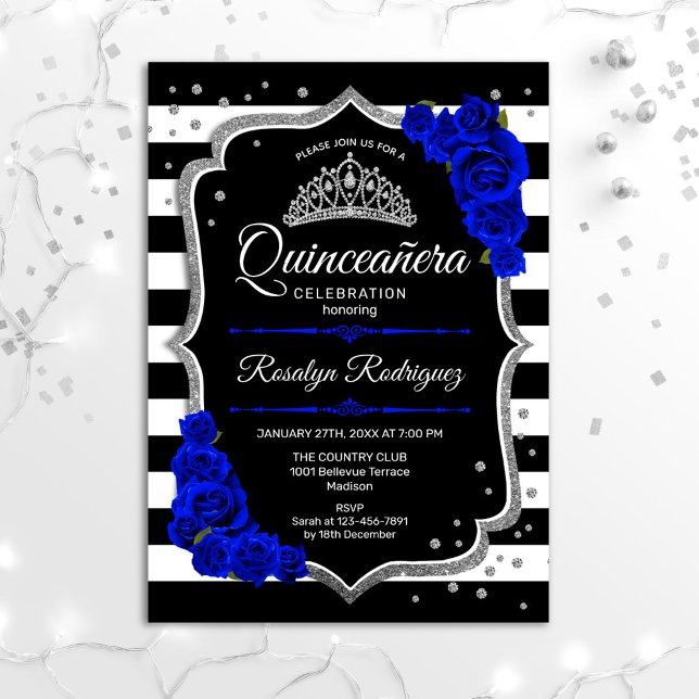 Quinceanera - Silver Black Royal Blue Invitation (Creator Uploaded)