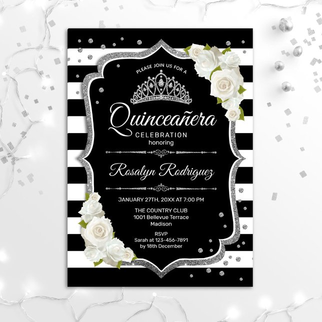 Quinceanera - Silver Black White Invitation (Creator Uploaded)