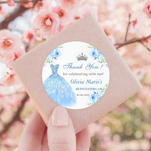 Quinceanera Silver Blue Floral Gown  Classic Round Sticker