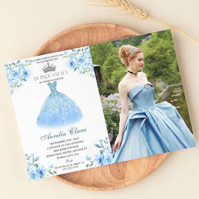 Quinceanera Silver Blue Floral Gown Photo Invitation (Creator Uploaded)