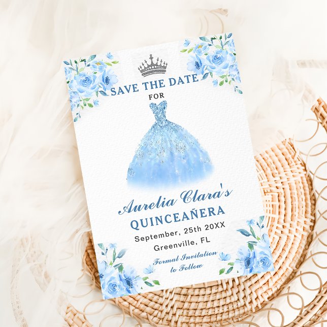 Quinceanera Silver Blue Floral Gown Save The Date (Creator Uploaded)