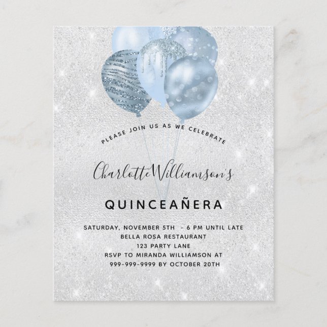 Quinceanera silver blue glitter balloon invitation (Front)
