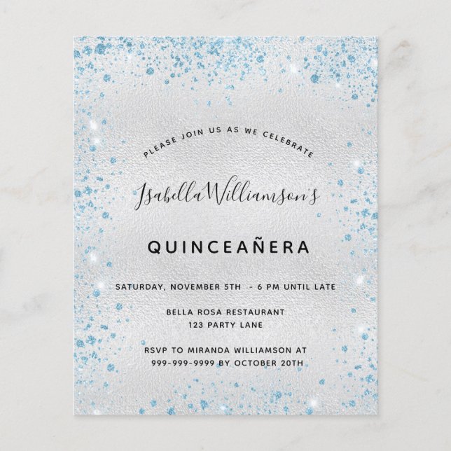 Quinceanera silver blue glitter budget invitation flyer (Front)