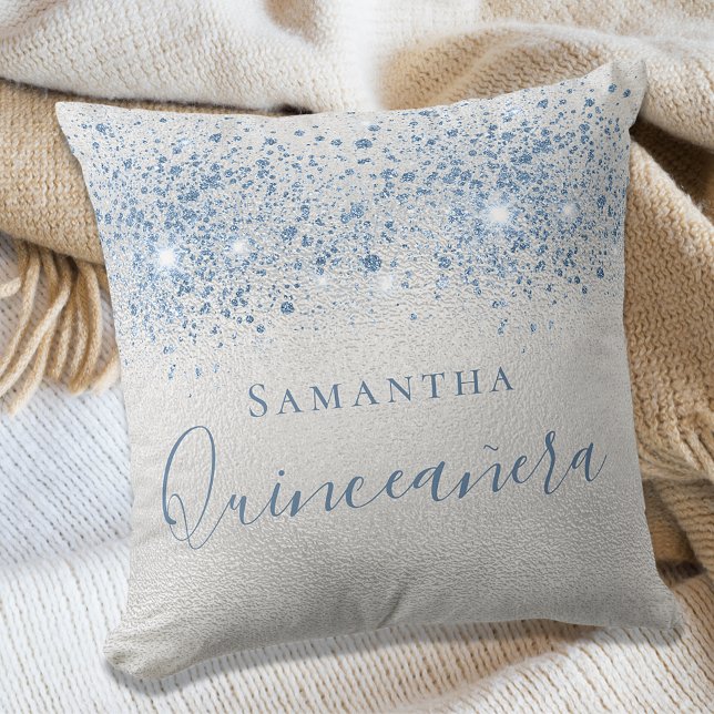 Quinceanera silver blue glitter drops monogram cushion (Creator Uploaded)