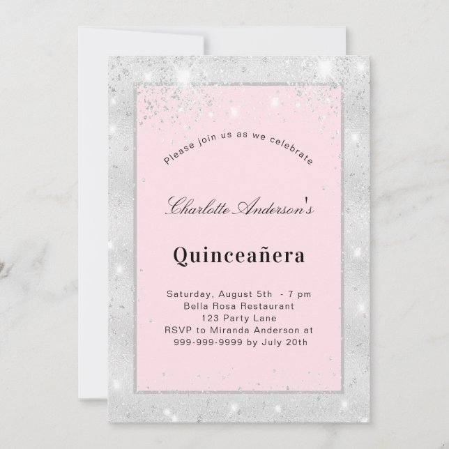 Quinceanera silver blush pink glitter dust invitation (Front)