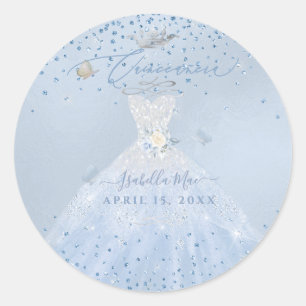 Quinceanera Silver Dusty Blue Glitter Gown Classic Round Sticker