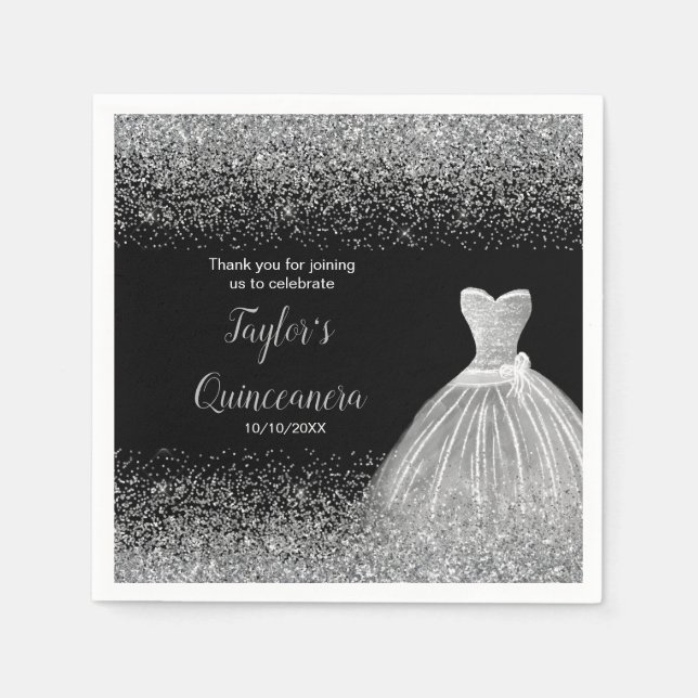 Quinceanera Silver Faux Glitter Napkin (Front)