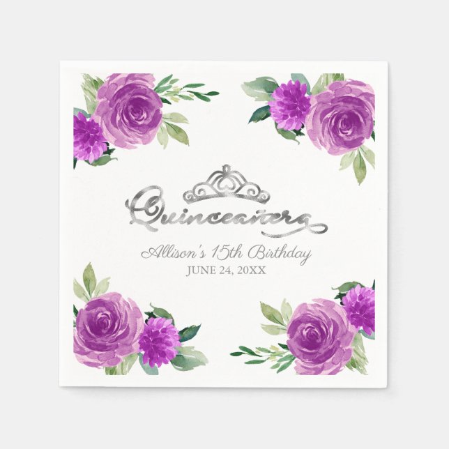Quinceanera Silver Foil Tiara Purple Floral Napkin (Front)