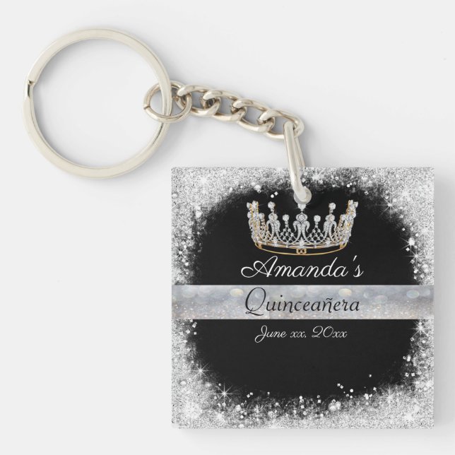 Quinceanera Silver Glitter Diamond Princess Crown Key Ring (Front)