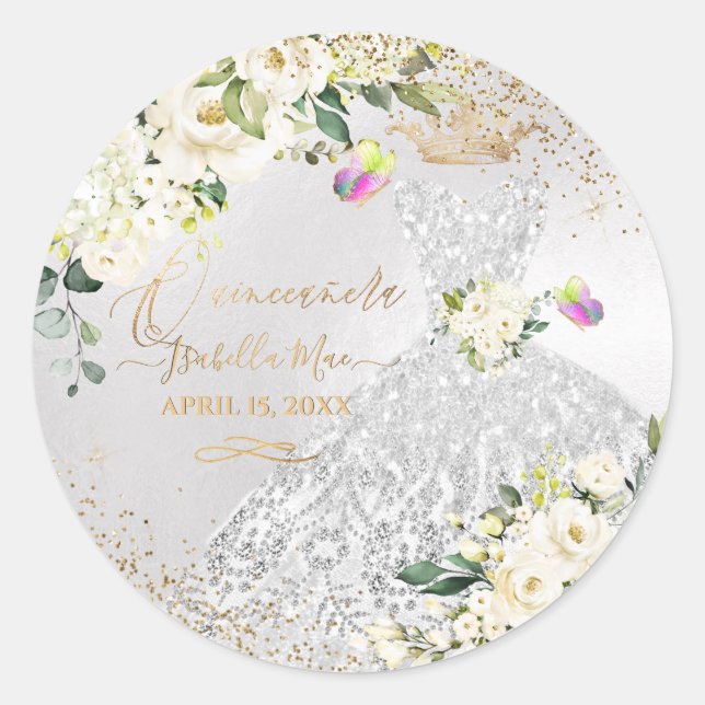 Quinceanera Silver Gown Gold Glitter Cream Roses C Classic Round Sticker (Front)