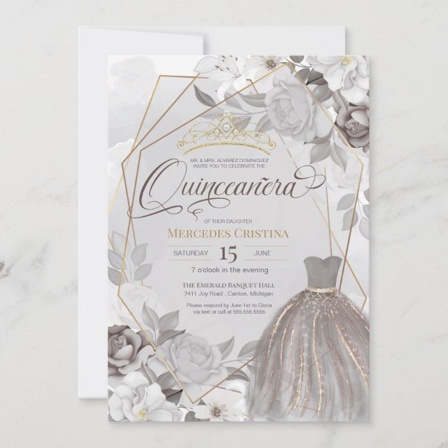 Quinceañera silver grey gold fancy Tiara & gown Invitation (Front)