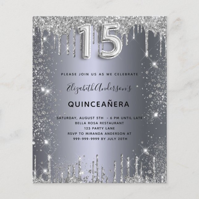 Quinceanera silver metal glitter invitation (Front)