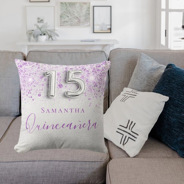 Quinceanera silver metal purple dust monogram cushion (Creator Uploaded)
