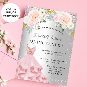 Quinceanera silver pink dress flowers invitation