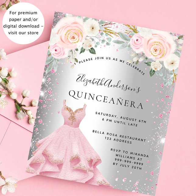 Quinceanera silver pink dress glitter invitation flyer (Creator Uploaded)
