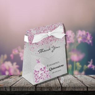 Quinceanera silver pink dress thank you favour box