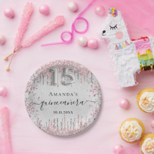 Quinceanera silver pink glitter drips name paper plate