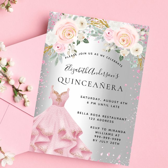 Quinceanera silver pink sparkles dress glamourous invitation postcard (Creator Uploaded)
