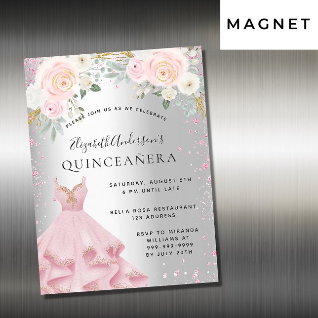 Quinceanera silver pink sparkles dress luxury magnetic invitation (Creator Uploaded)