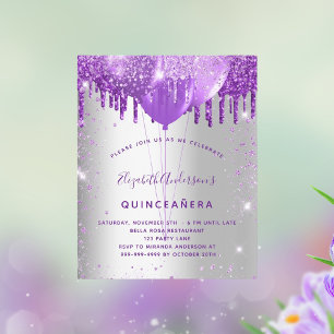 Quinceanera silver purple balloons invitation