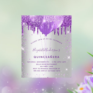 Quinceanera silver purple budget invitation flyer