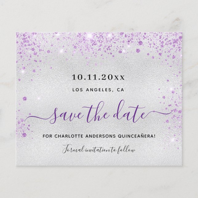 Quinceanera silver purple budget save the date flyer (Front)