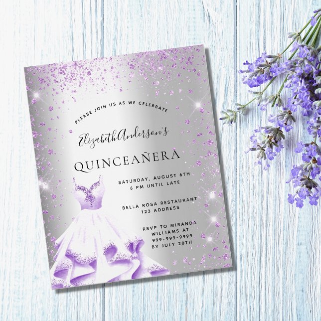 Quinceanera silver purple dress budget invitation flyer (Creator Uploaded)