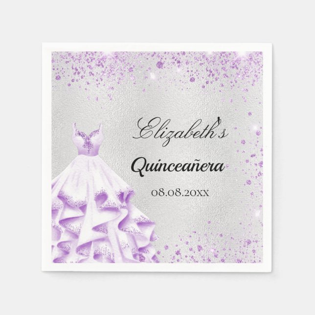 Quinceanera silver purple glitter dress napkin (Front)