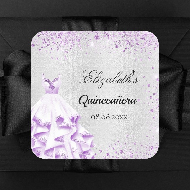 Quinceanera silver purple glitter dress square sticker (Creator Uploaded)