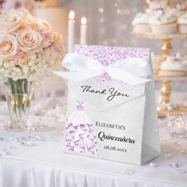 Quinceanera silver purple glitter dress thank you favour box (Creator Uploaded)