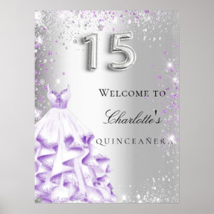Quinceanera silver purple glitter dress welcome poster