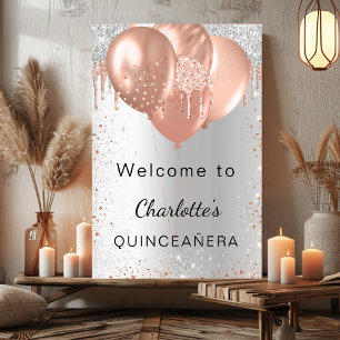 Quinceanera silver rose gold balloons welcome poster
