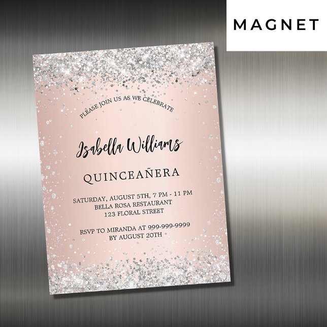 Quinceanera silver rose gold blush luxury magnetic invitation (Creator Uploaded)