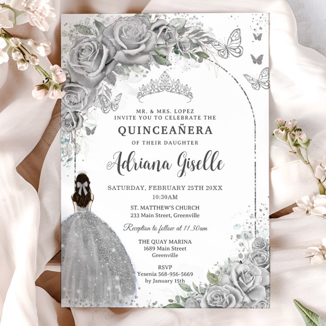 Quinceañera Silver Roses Floral Girl Dress P Invitation (silver-floral-flowers-roses-butterflies-brunette-princess-silver-crown-dress-Quinceañera-invitation)