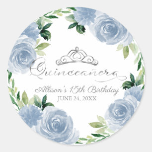 Quinceanera Silver Tiara Light Blue Floral Classic Round Sticker