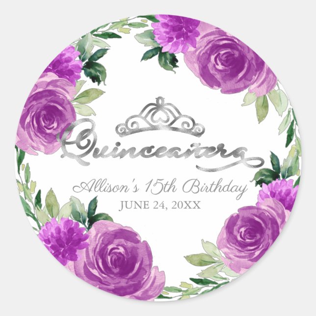 Quinceanera Silver Tiara Purple Floral Classic Round Sticker (Front)