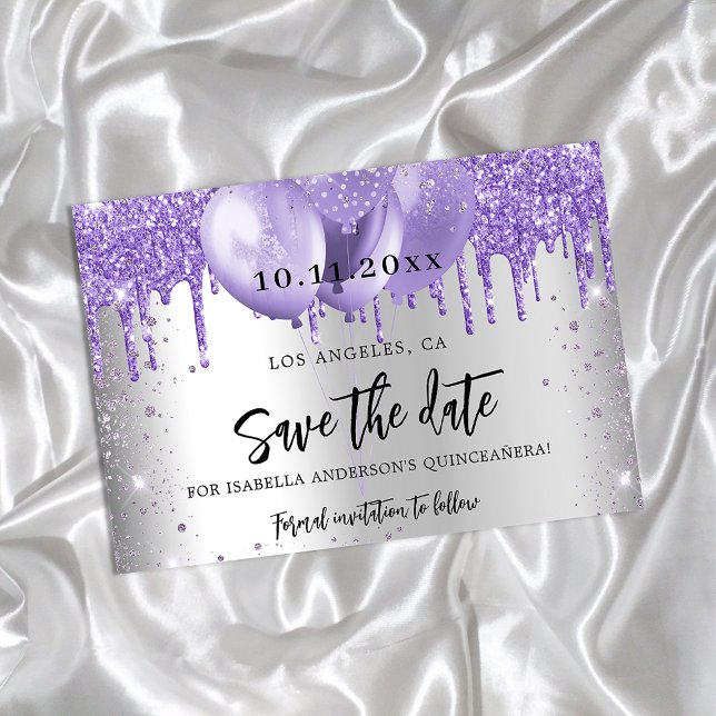 Quinceanera silver violet balloons save the date announcement postcard (Creator Uploaded)