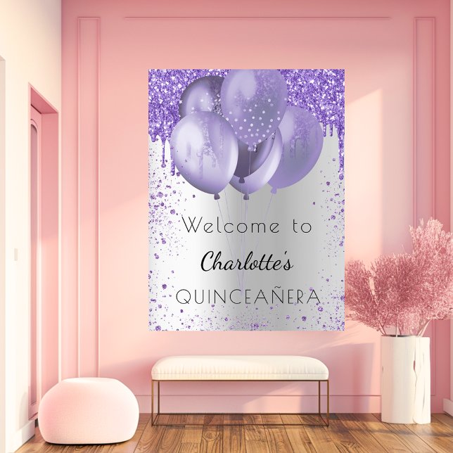 Quinceanera silver violet glitter welcome balloons poster (Creator Uploaded)