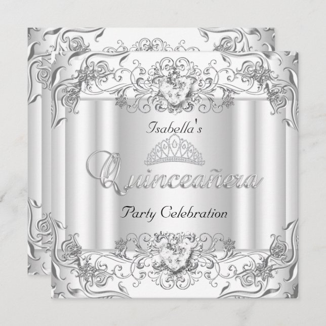 Quinceanera Silver White Diamond Tiara 15th Party Invitation (Front/Back)