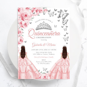 Quinceanera Silver White Pink Floral Twins Invitation