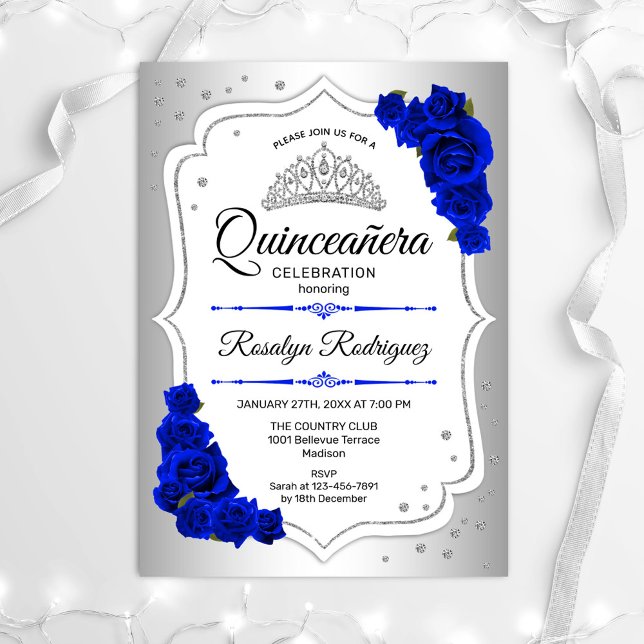 Quinceanera - Silver White Royal Blue Invitation (Creator Uploaded)