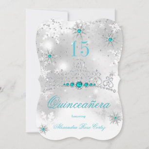 Quinceanera Silver White Teal Blue Pearl Snowflake Invitation