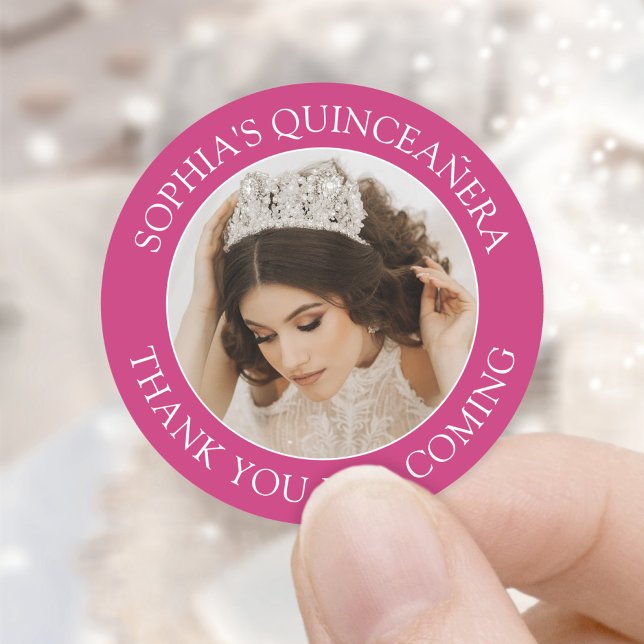 Quinceañera Simple Photo Fuschia Pink Thank You Classic Round Sticker (Creator Uploaded)