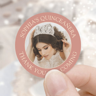 Quinceañera Simple Photo Rose Gold Pink Thank You Classic Round Sticker